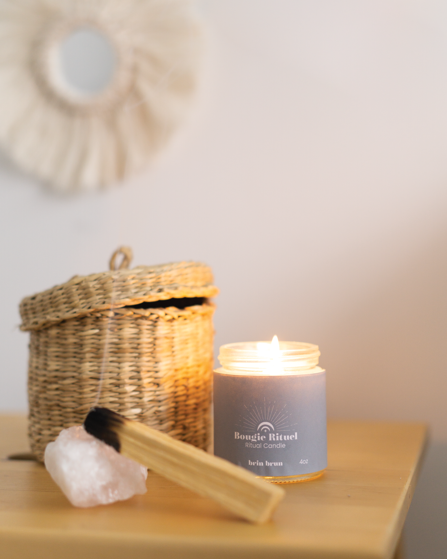 Coffret cadeau, kit cadeau, ensemble cadeau, cadeau pour elle, kit détente, kit de relaxation, sel de bain, sauge, santo palo, quartz, bougie