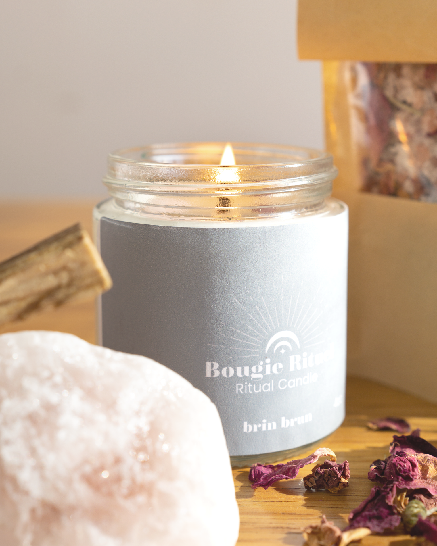 Coffret cadeau, kit cadeau, ensemble cadeau, cadeau pour elle, kit détente, kit de relaxation, sel de bain, sauge, santo palo, quartz, bougie