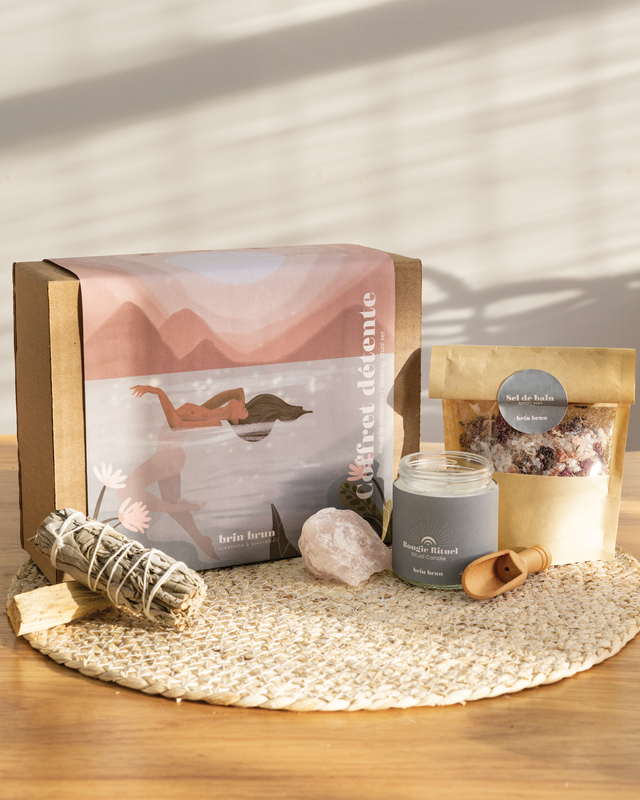 Coffret cadeau, kit cadeau, ensemble cadeau, cadeau pour elle, kit détente, kit de relaxation, sel de bain, sauge, santo palo, quartz, bougie